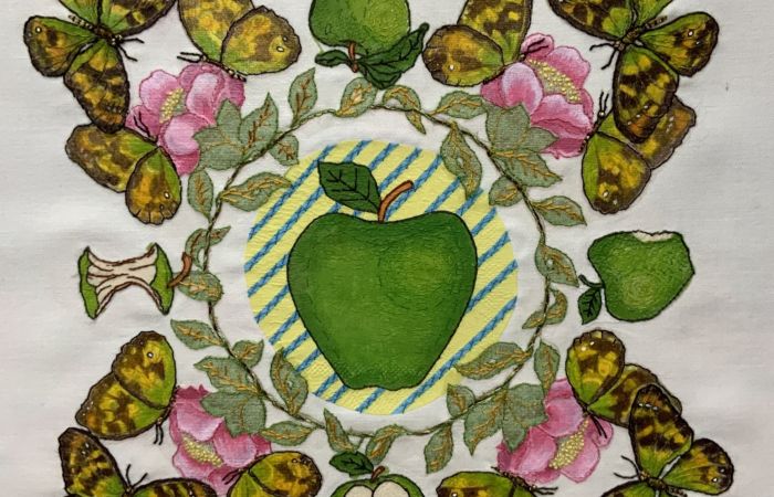 Marilyn Janet Theisel, A Bite of the Apple (Textile paint recycled paper)