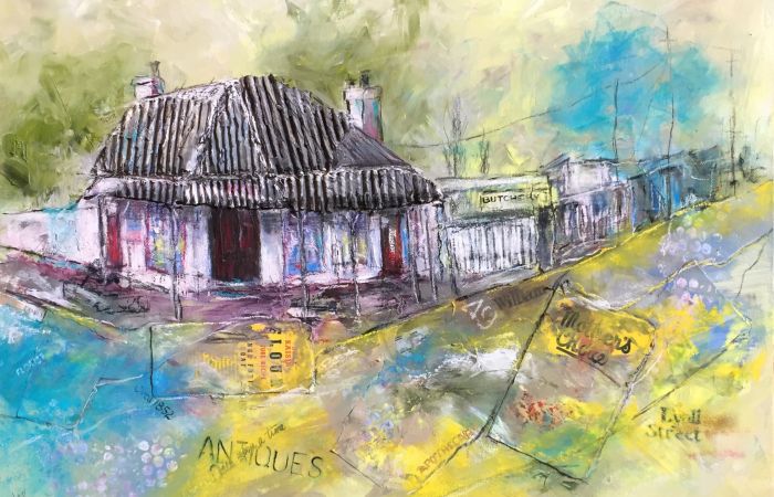 Sandra Astill, Metamorphism Country Town Style (Oil, charcoal, pastel, collage)