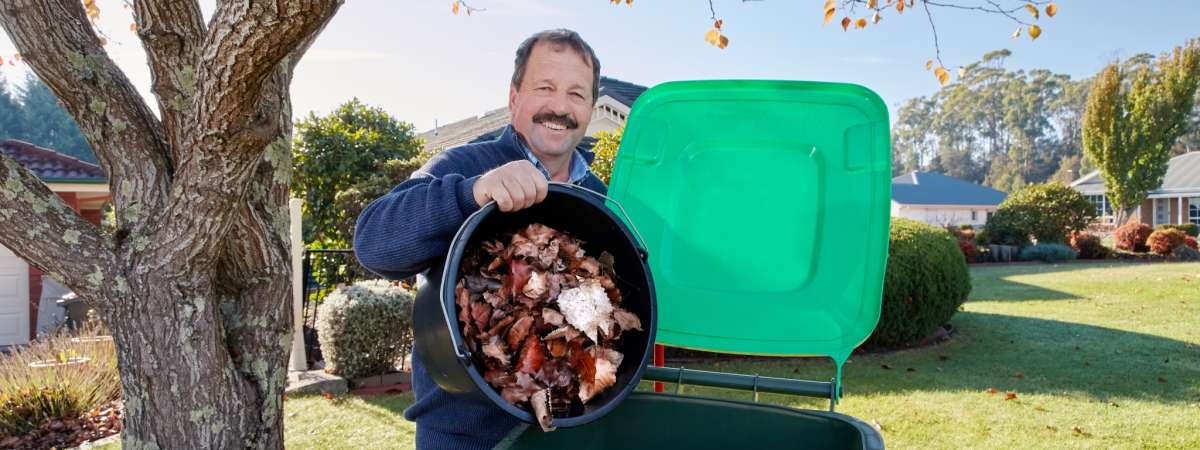 Colin with FOGO bin and leaves